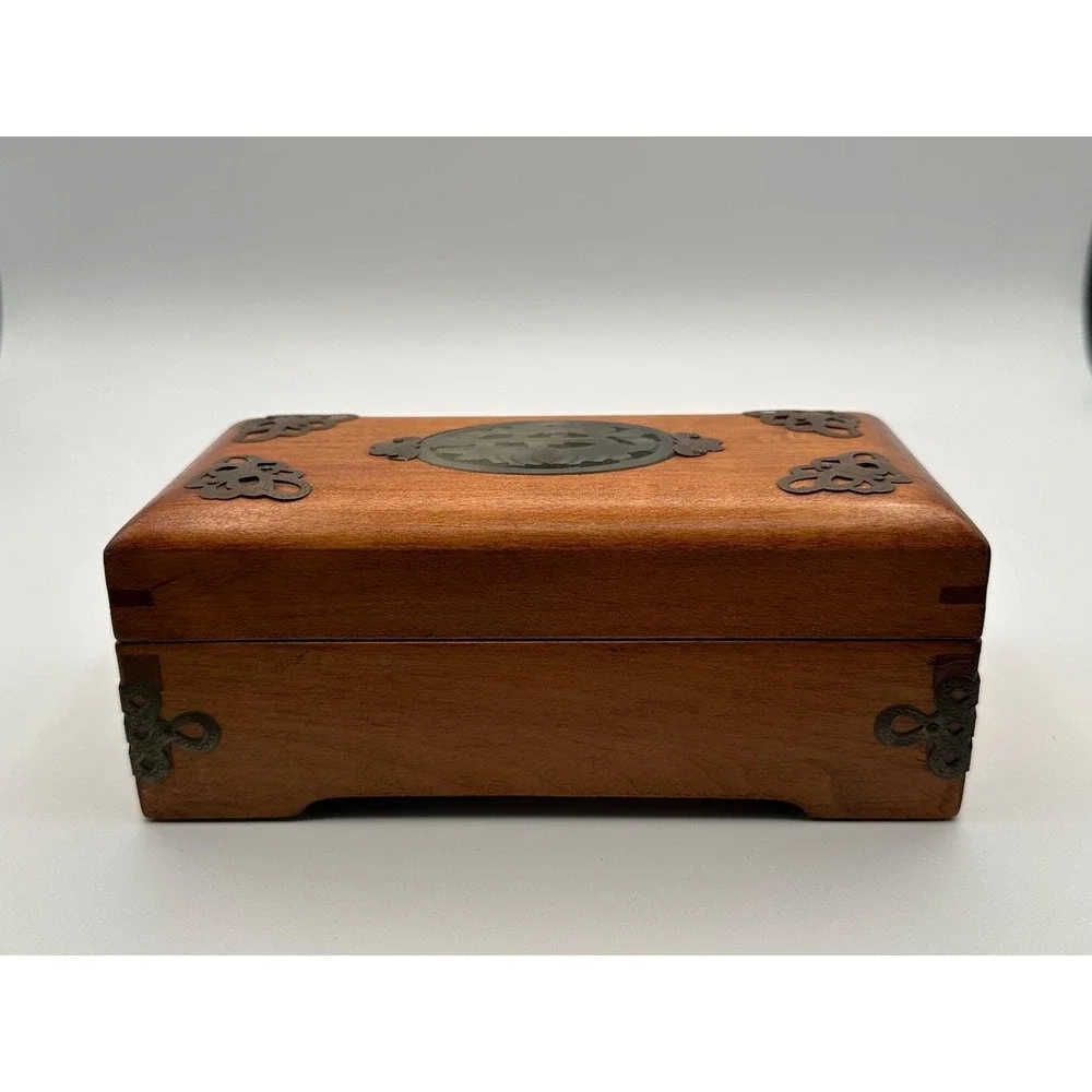 Vintage Wooden Jewelry Box Carved Stone Medallion  Keepsake Storage